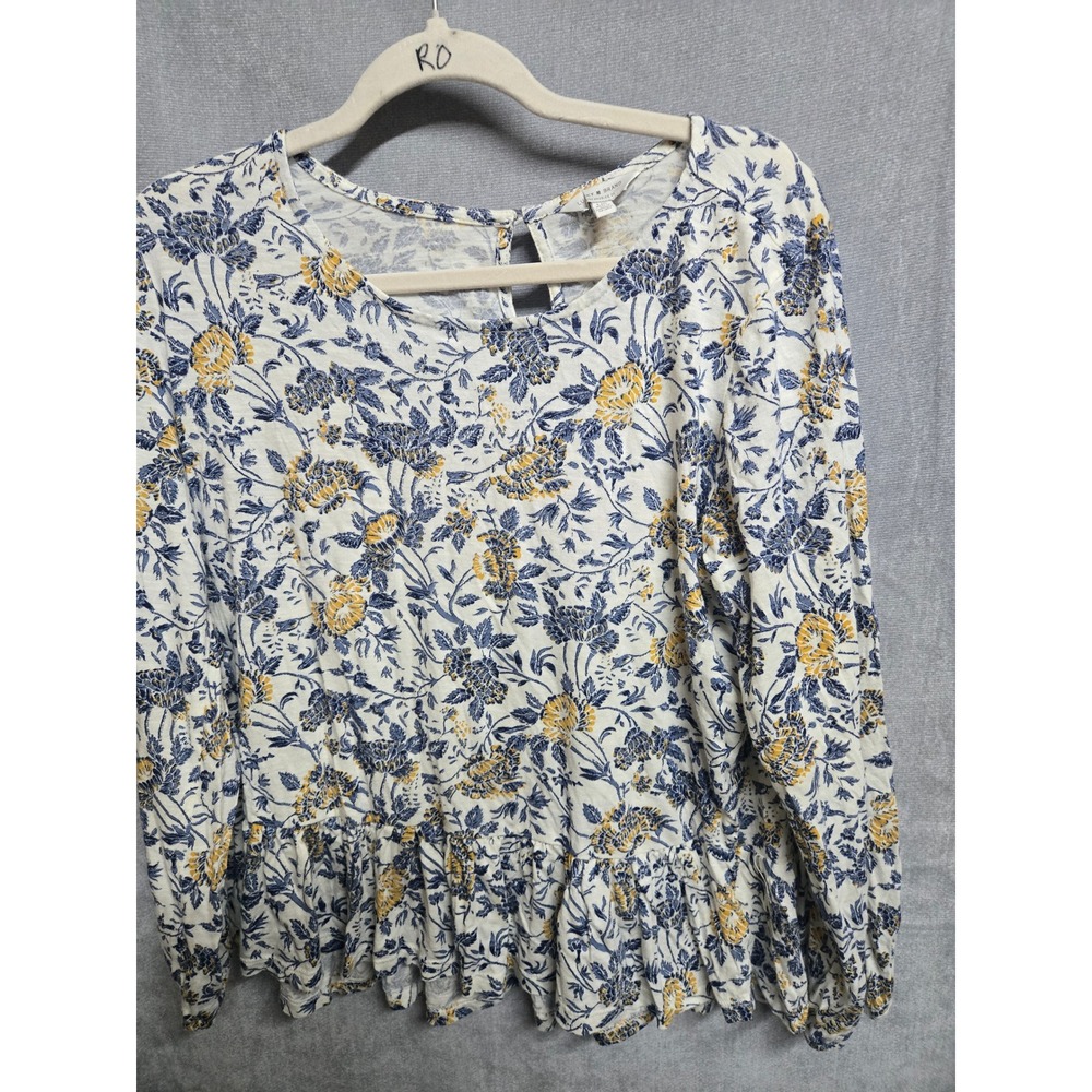 Lucky Brand Blue Yellow Floral Peplum Top Long Sleeve Cotton Modal Blouse L